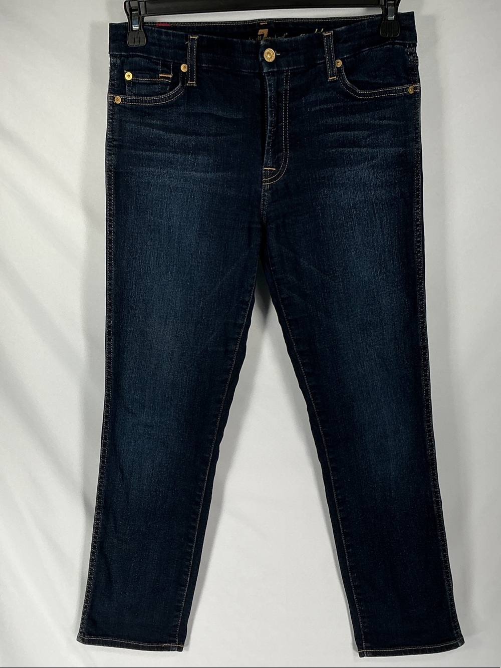 7 For All Mankind Ankle Straight Jeans 29 Indigo Blue Stretch Cropped Gold
